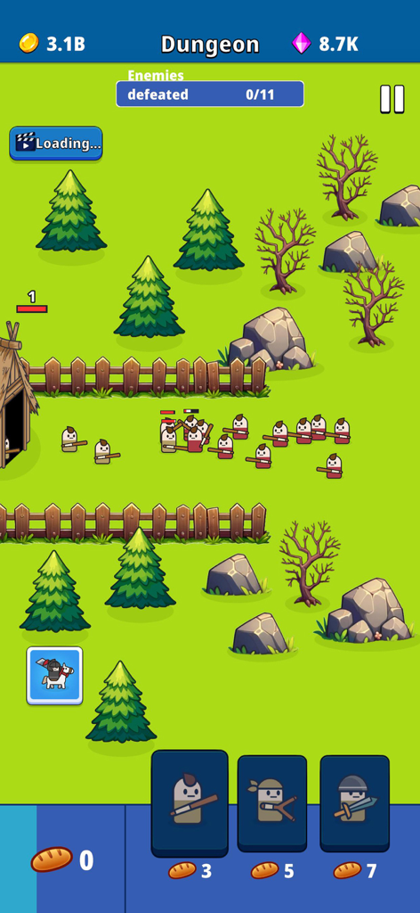 Pocket Guardian : mini TD war - A 2D strategy gameplay screen of Pocket Guardian mini TD war showing cartoon warriors in a dungeon level