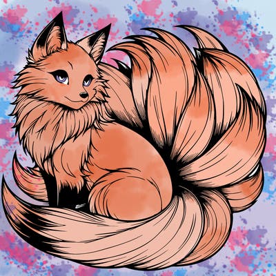 realistic detailed 9 tailed anime fox