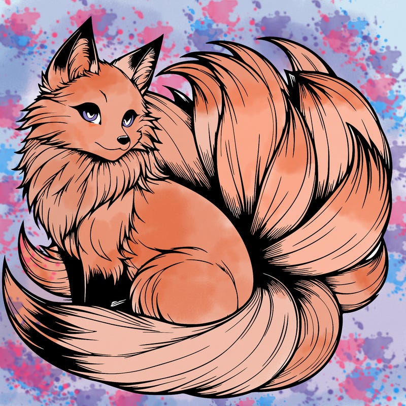 realistic detailed 9 tailed anime fox