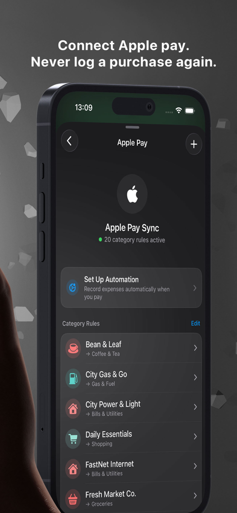 Control - your money - Control app Apple Pay sync screen for automated expense tracking and category rules