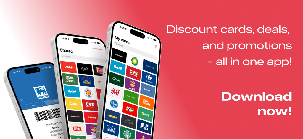 IPhones displaying digital loyalty cards and shared store discounts in the Discountbook app