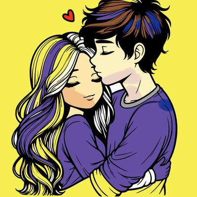 a realistic couple boy and girl hugging and kissing