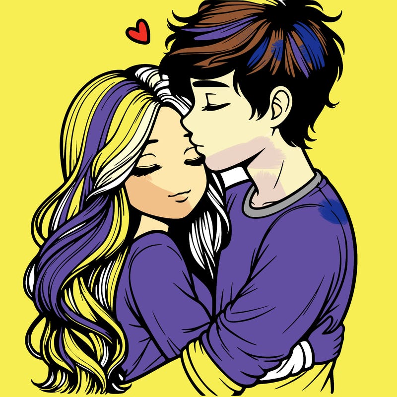 a realistic couple boy and girl hugging and kissing