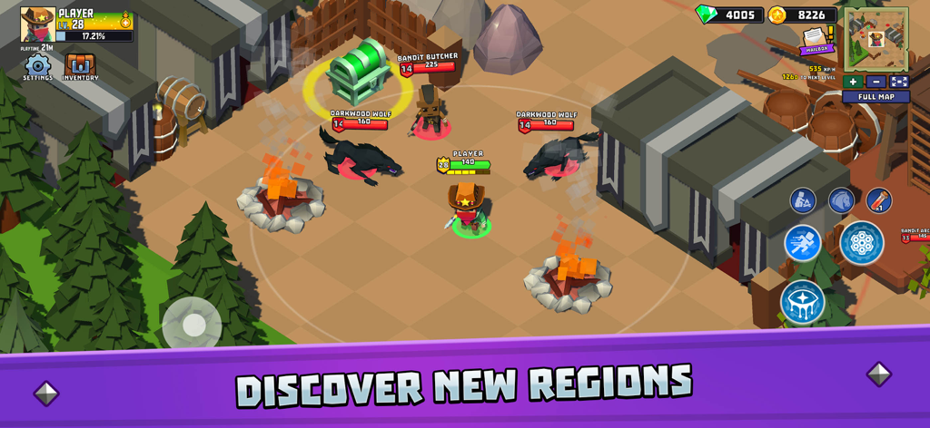 Hunters Origin - Top-down gameplay of a hero fighting wolves and bandits in a camp in Hunters Origin