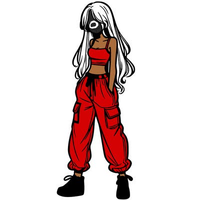 girl in baggy pants crop top and long hair