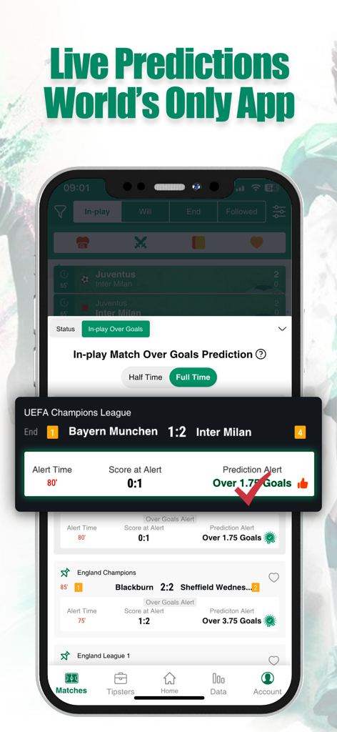 FootballAnt: Live Scores & Tip - Interfaz de la aplicación FootballAnt que muestra predicciones de fútbol en vivo y alertas de goles para partidos en curso.