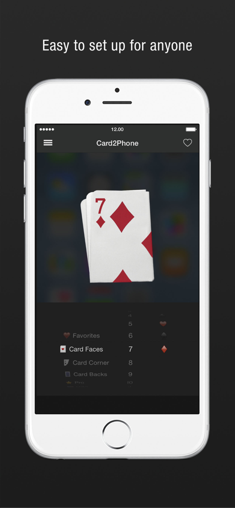 Card2Phone - iPhone screen showing the Card2Phone app interface where a user can select a 7 of diamonds card for a magic trick.