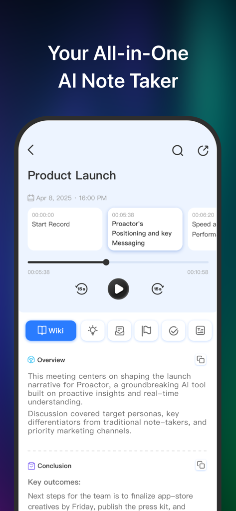 La aplicación Proactor AI que muestra un resumen de la reunión de lanzamiento de producto con una descripción general y conclusión automatizadas