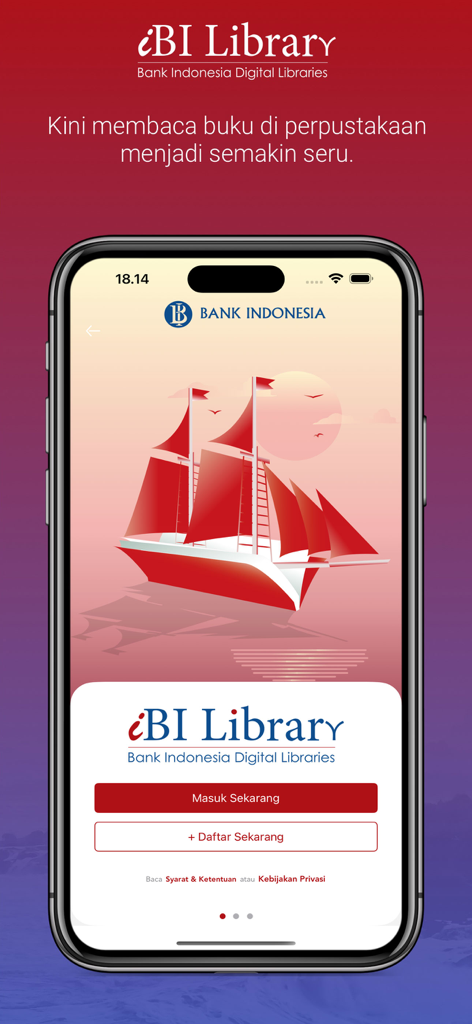 iBI Library - The login and registration screen of the iBI Library app featuring a traditional Indonesian ship illustration and Bank Indonesia branding