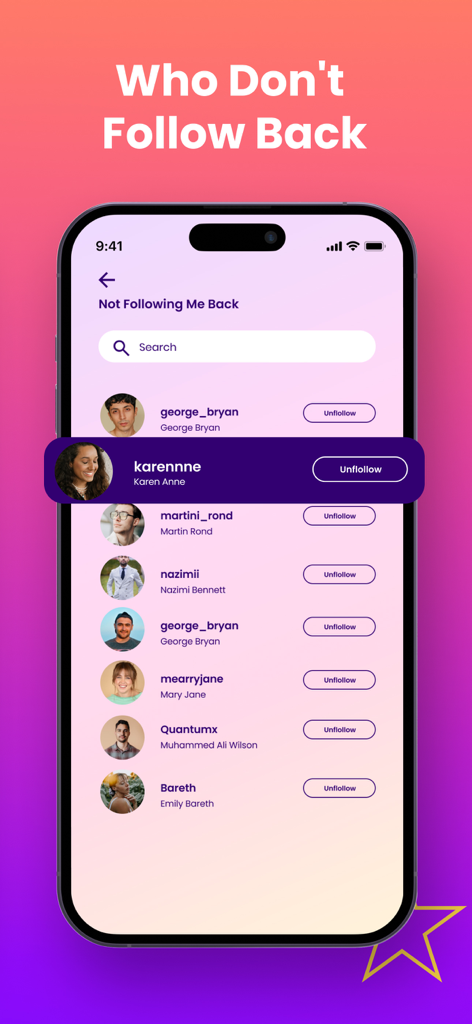 Tracker for Instagram MyFollow - App interface showing a list of Instagram users who do not follow back with unfollow buttons