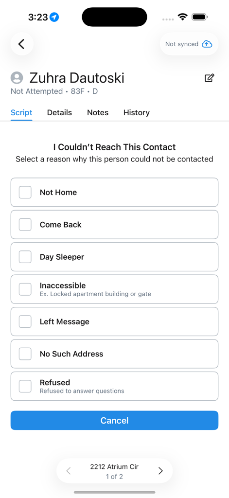 MiniVAN Touch - MiniVAN Touchアプリのインターフェースで、戸別訪問中に連絡できなかった理由（例：不在、拒否）を記録するオプションを表示