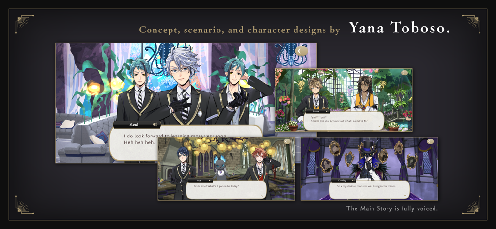 Disney Twisted-Wonderland - Scene di dialogo tra personaggi nel gioco Disney Twisted Wonderland con design di Yana Toboso