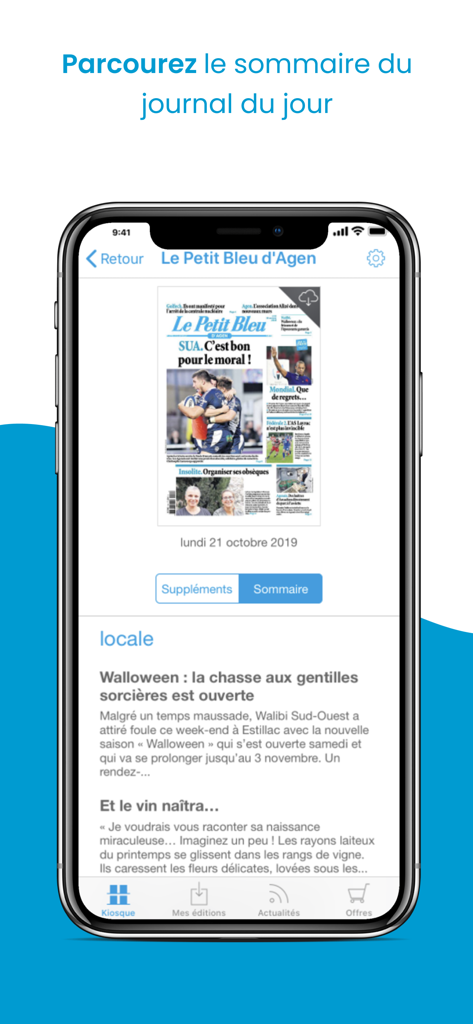 Journal Le Petit Bleu d'Agen - Interface de l'application Le Petit Bleu d'Agen montrant le résumé du journal quotidien et la page de couverture sur un smartphone