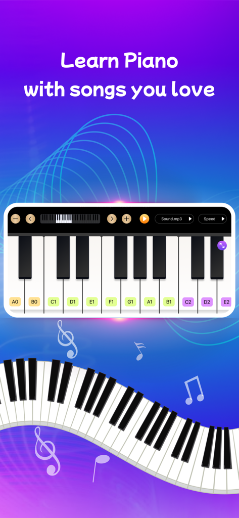 Interface do aplicativo Aprenda Piano mostrando um teclado virtual com rótulos de notas