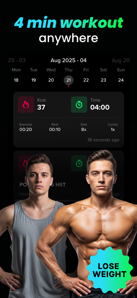 HIIT & Tabata: Interval Timer - Interfaz de la aplicación HIIT y Tabata que muestra un resumen de entrenamiento de 4 minutos con seguimiento de calorías y temporizadores de intervalos