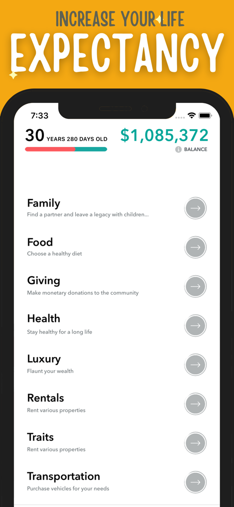 Interface de Life Simulator Hobo CEO mostrando opções de gerenciamento de idade, riqueza e estilo de vida do personagem.