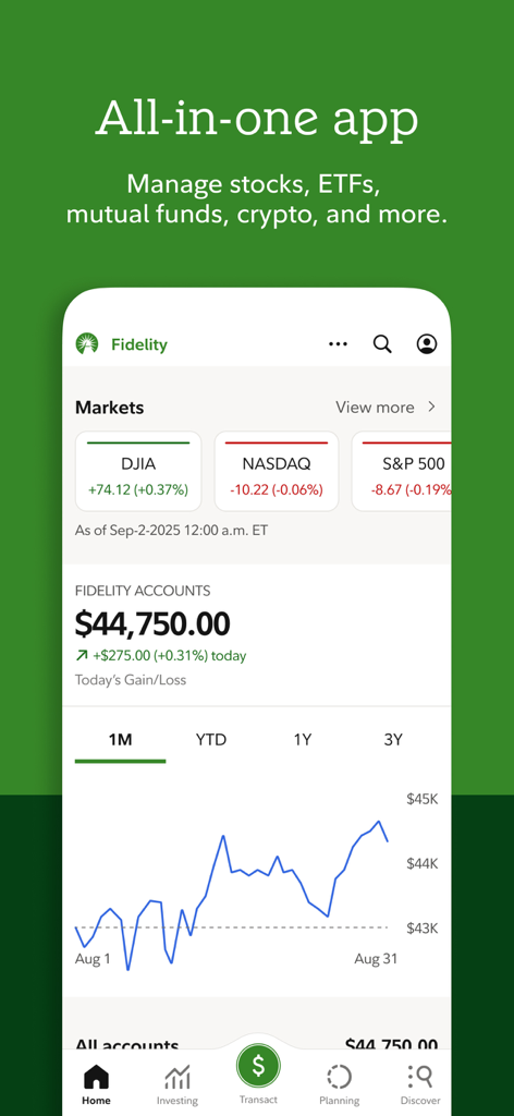 Fidelity Investments mobile app dashboard showing account balance and market indices