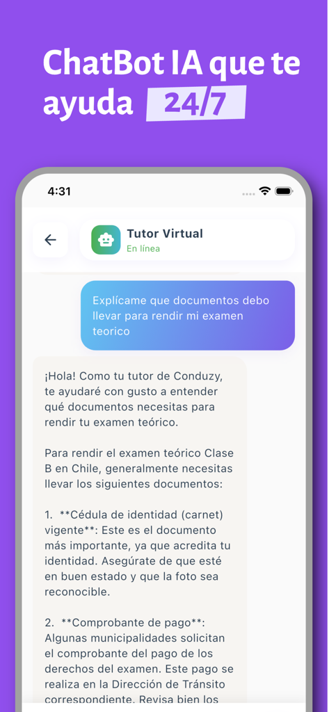 Conduzy - Captura de pantalla de la app Conduzy que muestra la interfaz del tutor virtual de IA para la preparación del examen de conducir.