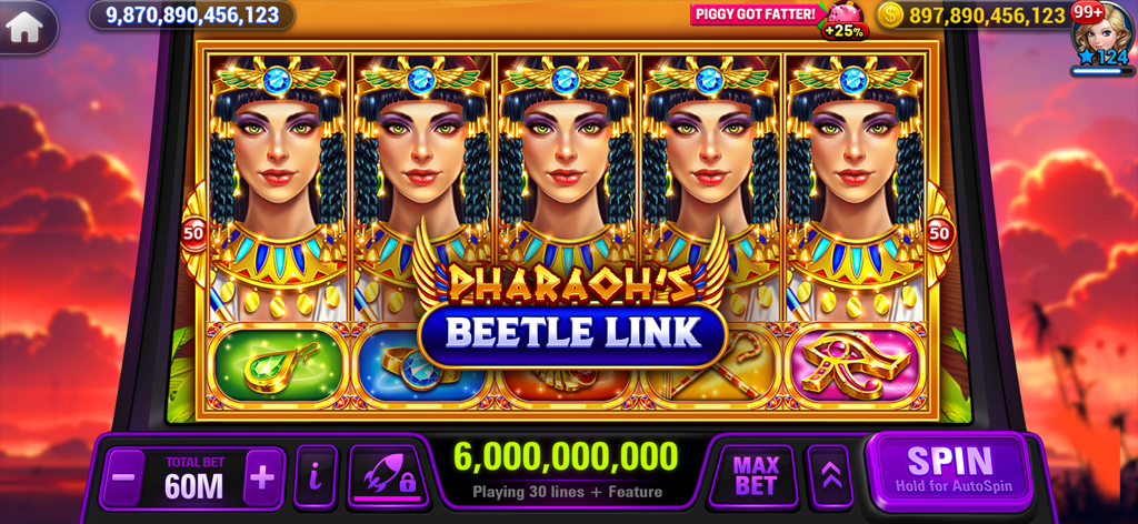 Screenshot der Pharaoh's Beetle Link Spielautomaten-App im HighRoller Vegas Casino mit ägyptisch thematisierten Symbolen