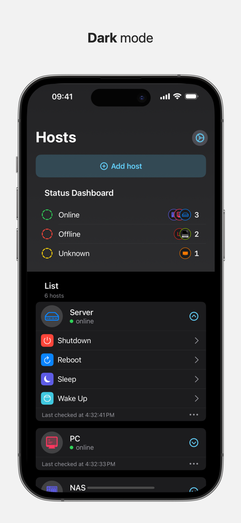 Magic Packet - Wake On Lan - Magic Packet app dashboard in dark mode showing network host statuses and control options