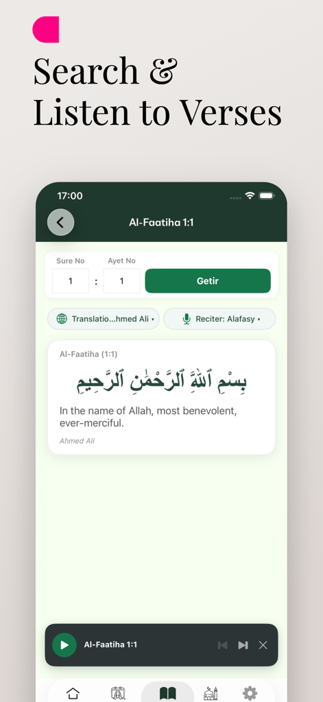 Prayer Times 2026: Ramadan - Mobile App-Bildschirm, der die Such- und Hörfunktion für Koranverse mit arabischem Text und englischer Übersetzung zeigt