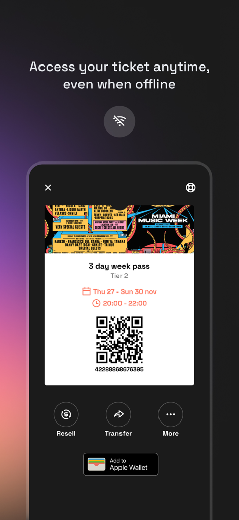 Shotgun: Live Music Experience - Entrada digital para el evento Miami Music Week que se muestra en la aplicación Shotgun con acceso sin conexión y un código QR