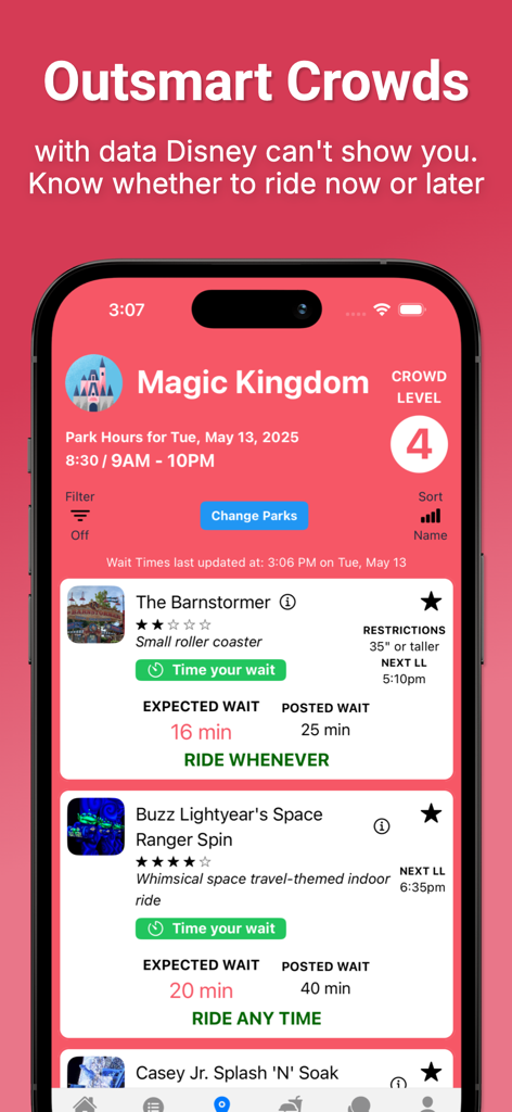 Interface of the Disney World Lines app showing actual ride wait times and crowd levels for Magic Kingdom