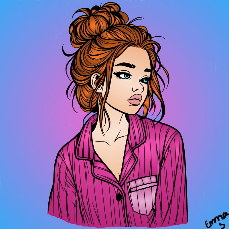 realistic woman with pajamas on and a messy bun