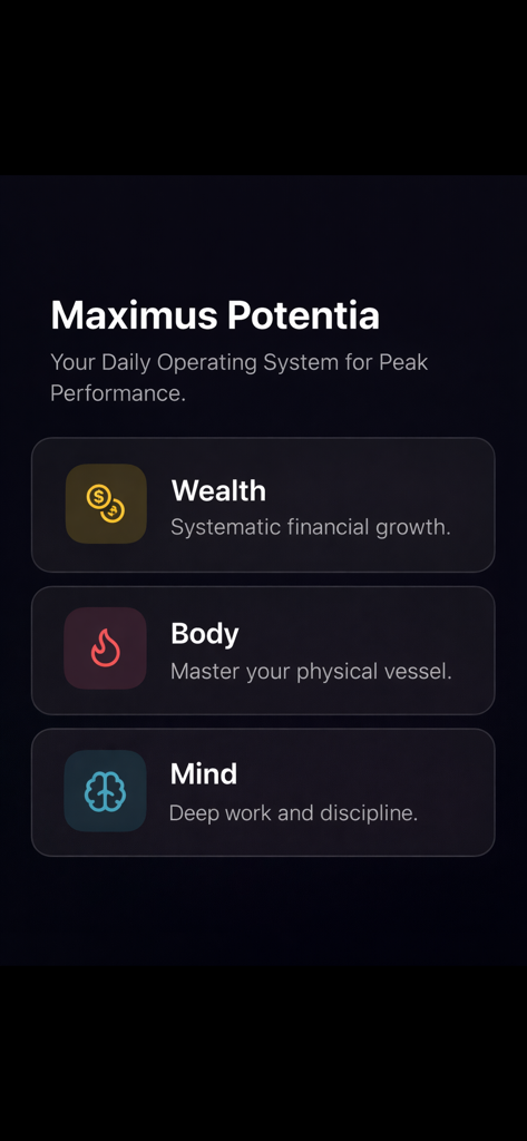 Maximus Potentia - Maximus Potentia app interface showing the Wealth Body and Mind pillars for peak performance
