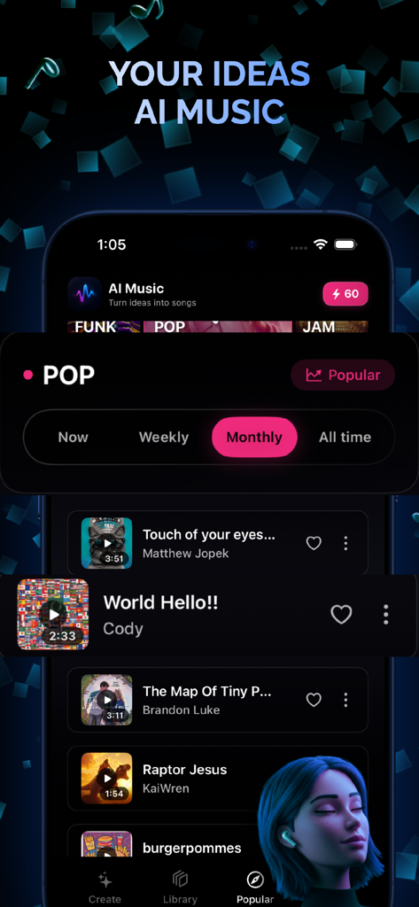 Ai Music : Ai Song Generator - Ai Musicアプリのインターフェイス。月次フィルター付きの人気AI生成ポップソングのリストが表示されています。
