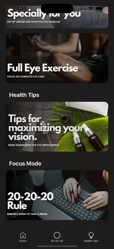 EyeX - Eye Care, Eye Exercises - EyeX app dashboard with sections for eye exercises health tips and focus mode