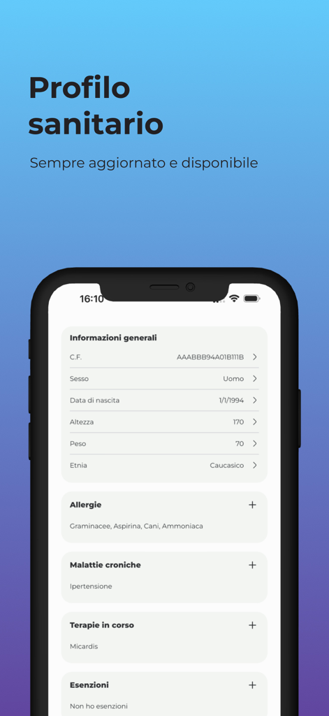 DataMed - Pantalla de smartphone que muestra el perfil de salud de la aplicación DataMed con información médica y afecciones crónicas