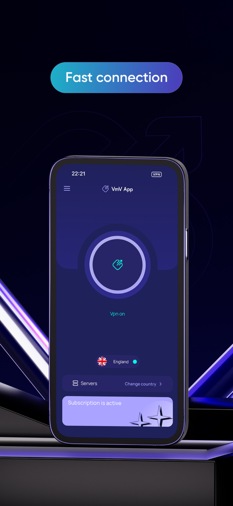 VmV App interface on a smartphone showing an active VPN connection to a server in England.