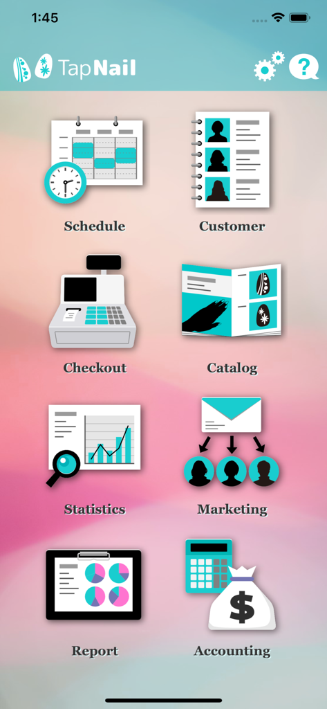 TapNail app home screen featuring icons for salon schedule, customer database, checkout, and business analytics.