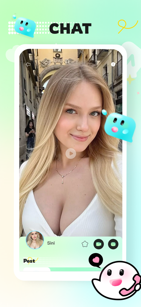 Joiy：Adult，Chat & Social Hub - Captura de tela da interface de chat do aplicativo Joiy mostrando um perfil de usuário com botões de videochamada e mensagem.