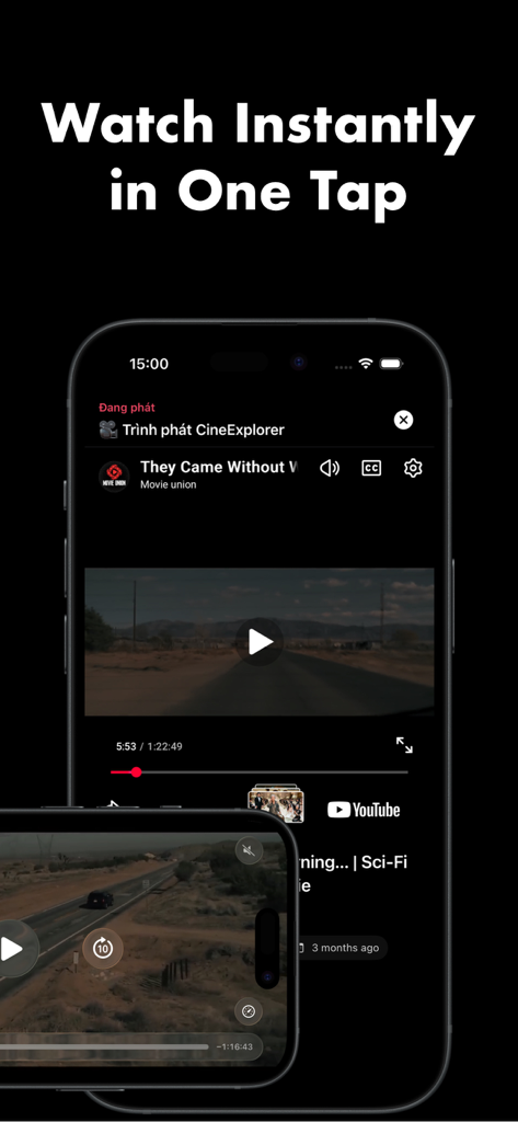 MovieBox - Movies box AI - MovieBox mobile app interface showing a video player playing a movie with the headline Watch Instantly in One Tap.