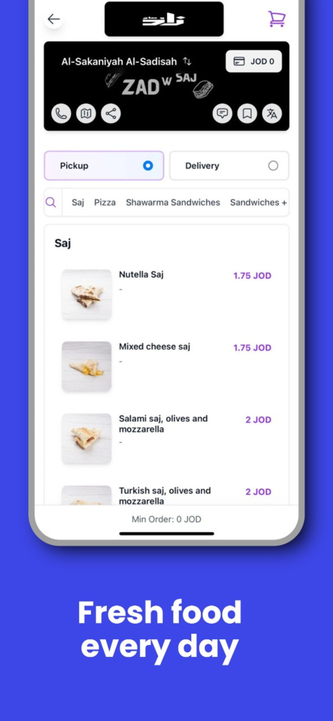 Tam: Food, Grocery & Box - Interface of the Tam food delivery app showing a menu for Saj sandwiches with pickup and delivery options.