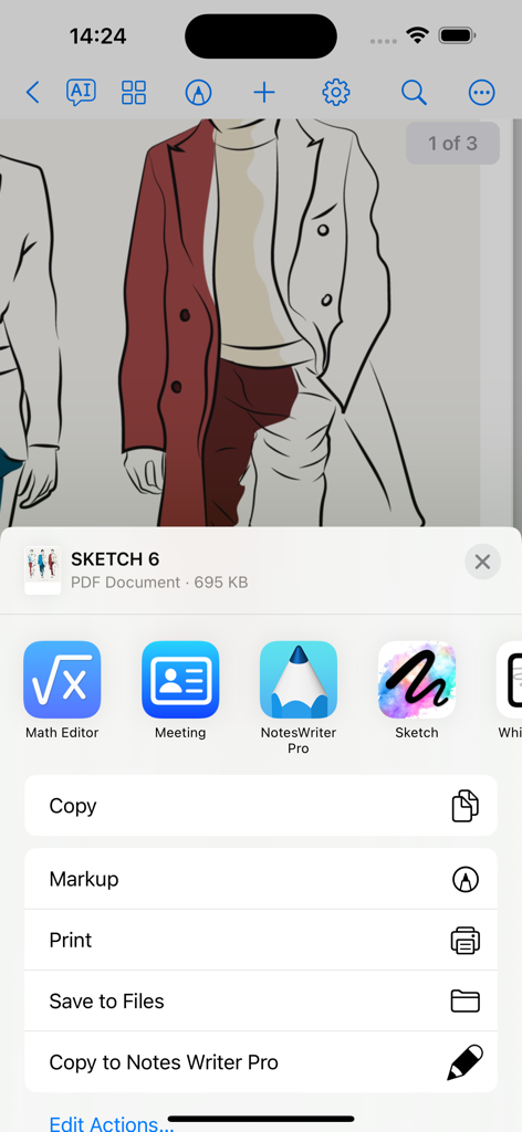 Quick Notes - PDF Easy Notes! - Quick Notes app interface showing a fashion sketch and file sharing options
