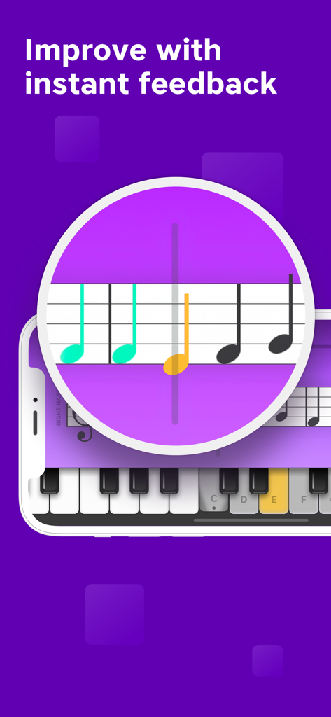 Piano Academy by Yokee Music - Piano Academy app interface showing instant feedback on musical notes and keyboard