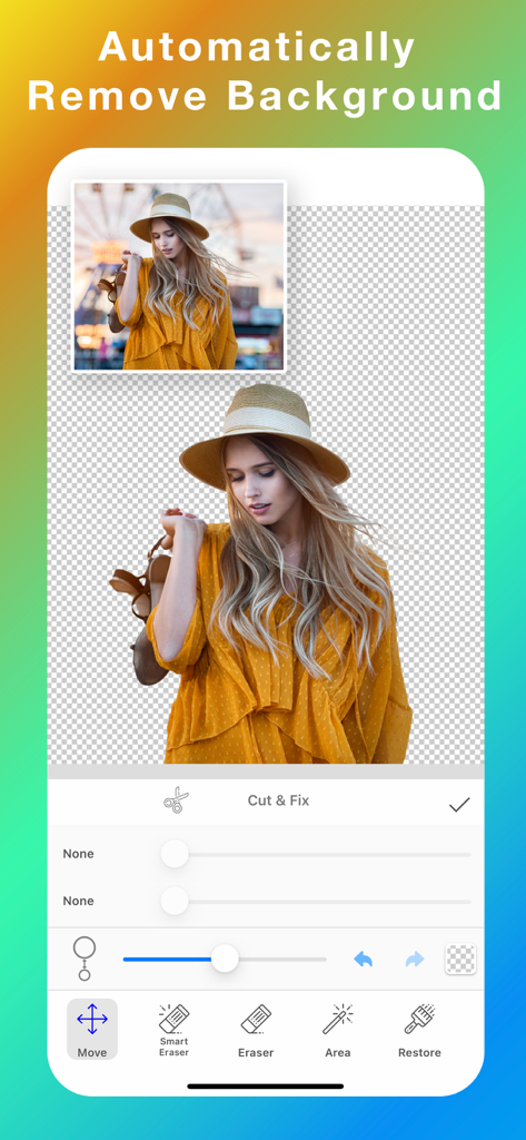 Background Eraser: Bg Remover+ - Background Eraser app interface demonstrating automatic background removal of a woman in a yellow dress.