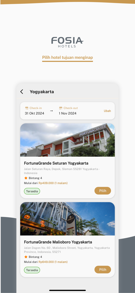 Fosia Hotels - Fosia Hotels mobile app screen displaying hotel options in Yogyakarta
