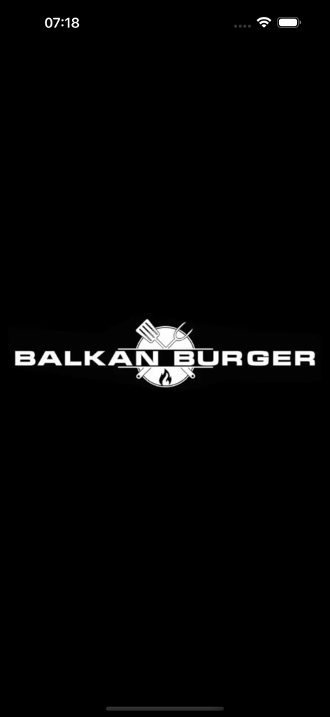 Logo do aplicativo Balkan Burger em fundo preto com ferramentas de grelhar