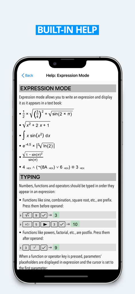 HiPER Scientific Calculator - HiPER科学計算機の式モードの組み込みヘルプ画面。教科書の数学表記を示しています。