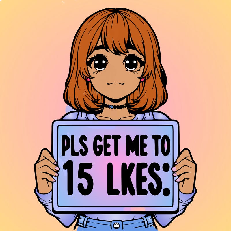 realistic girl holding up a sign that says “pls get me to 15 likes!”