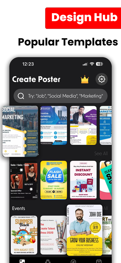 Poster & Flyer Maker: PostArt - A mobile app screen titled Design Hub showing various professional templates for social marketing, sales, and events in the PostArt flyer maker.