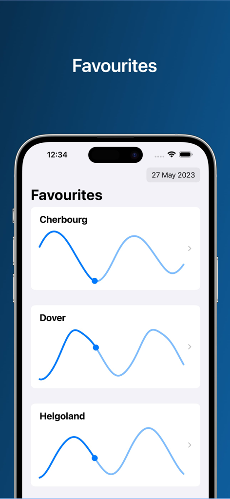 High Tide: Charts & Widgets - 複数の沿岸地域の潮汐チャートを表示するHigh Tideアプリのお気に入り画面