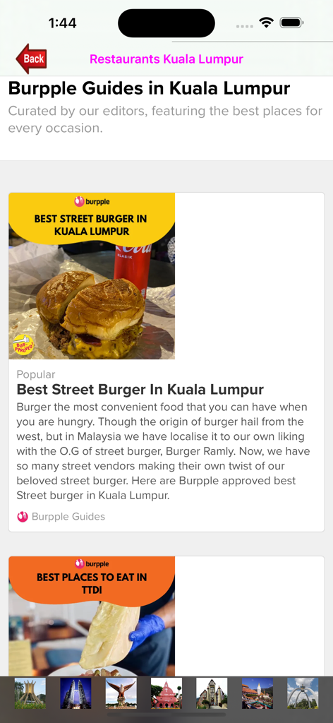 Visit Malaysiaアプリの画面。クアラルンプールのレストランと屋台のハンバーガーの厳選ガイドが表示されています。