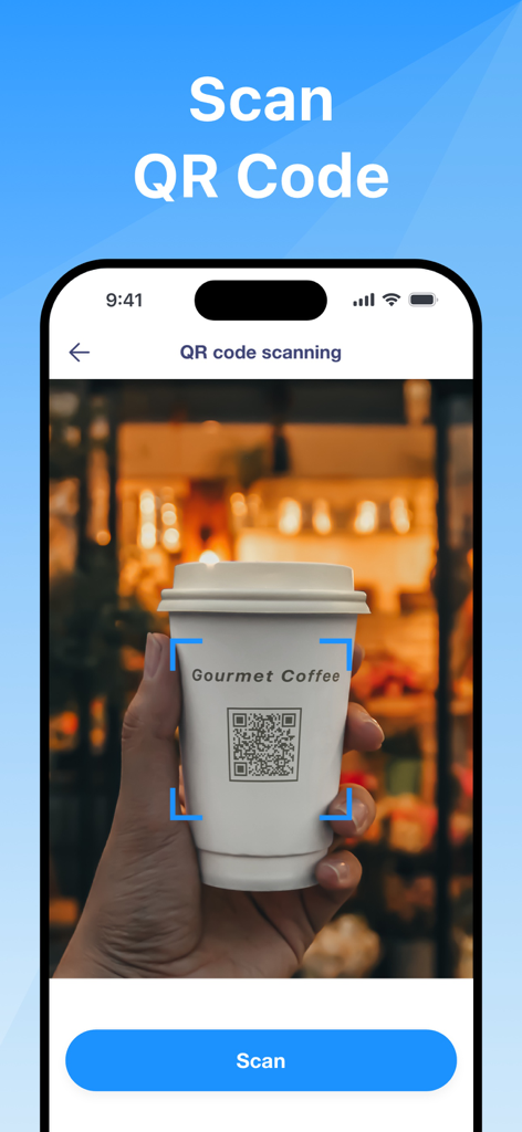 コーヒーカップからQRコードをスキャンして安全なアカウント設定を行うAuthenticator Appのインターフェイス。