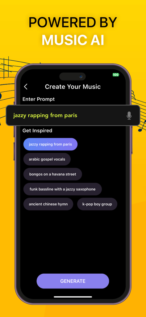 AIミュージックジェネレーターアプリのインターフェース。テキストプロンプト入力欄と音楽インスピレーションオプションが表示されています。