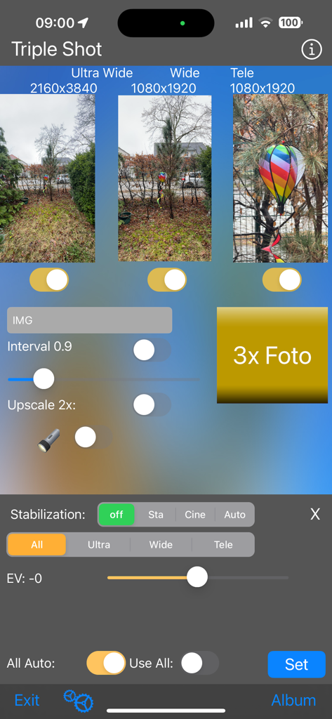 Triple Camera Shot - Triple Camera Shot app interface showing simultaneous ultra wide wide and telephoto lens previews with photography settings